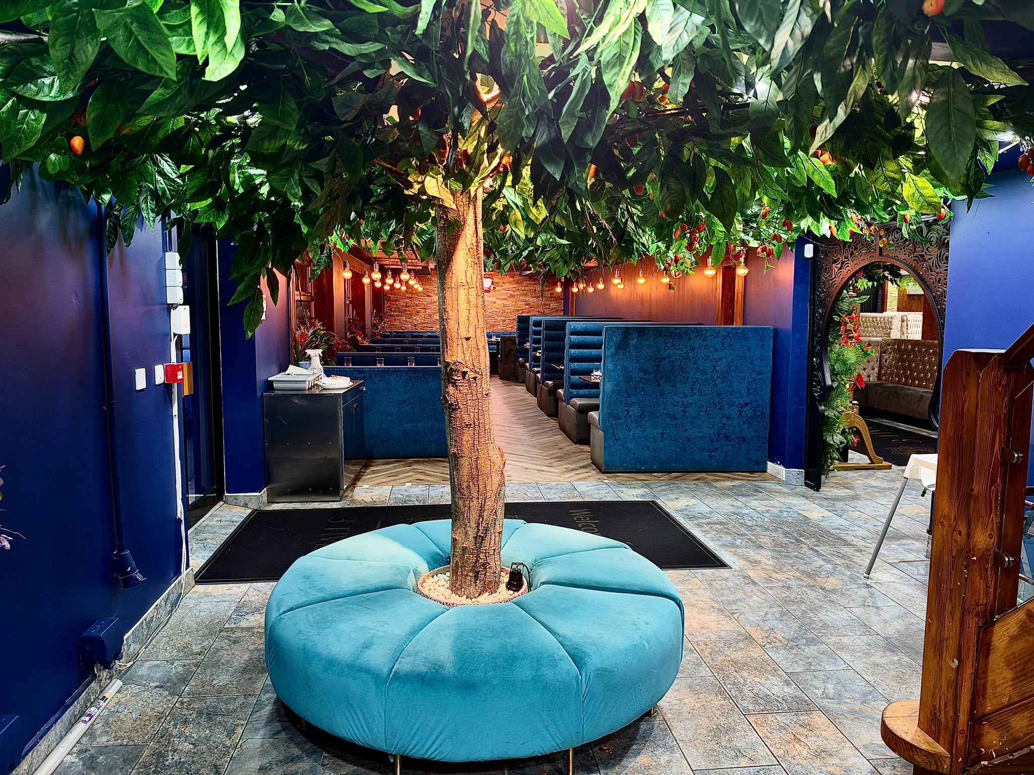 Restaurant interior with a leafy feature tree and blue velvet seating